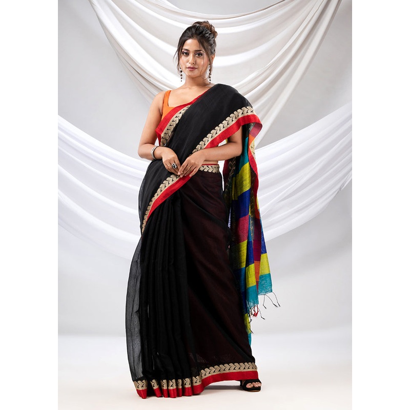 Black Pure Cotton Saree With Blouse Piece - JD986589204
