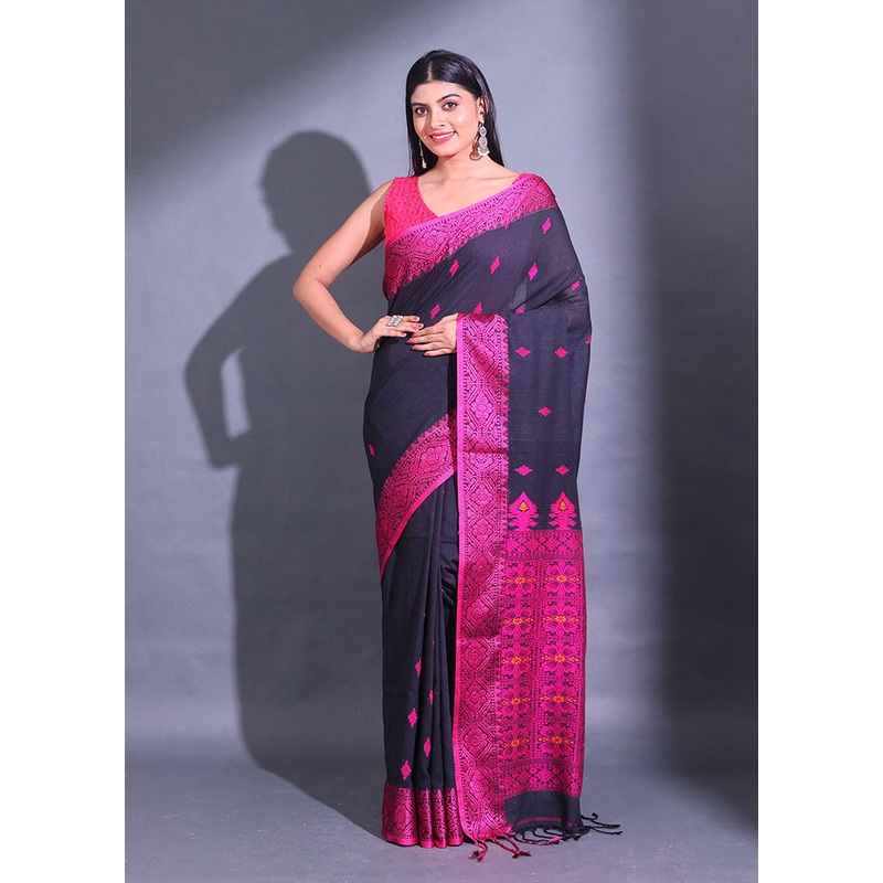 Black Pure Cotton Saree With Blouse Piece - JD986589205