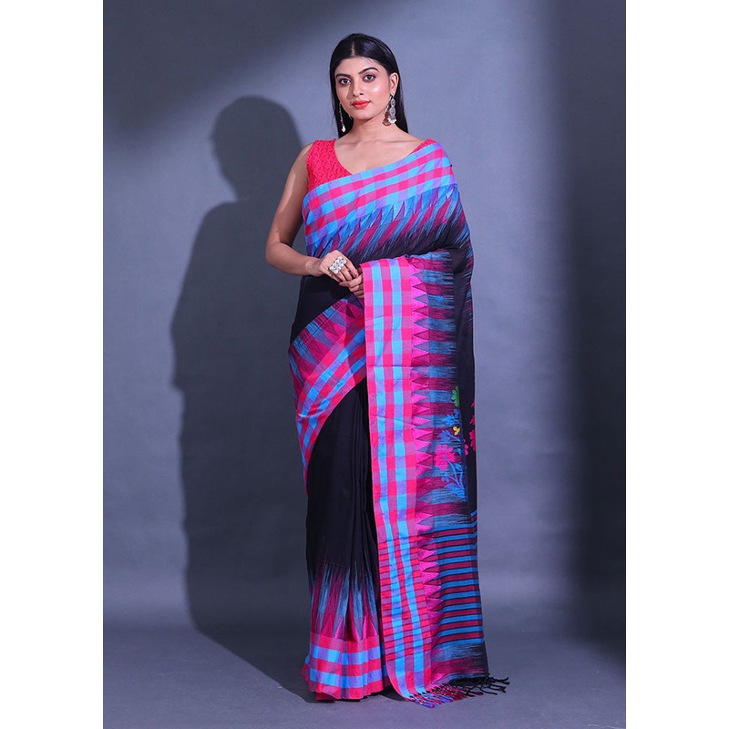 Black Pure Cotton Saree With Blouse Piece - JD986589206