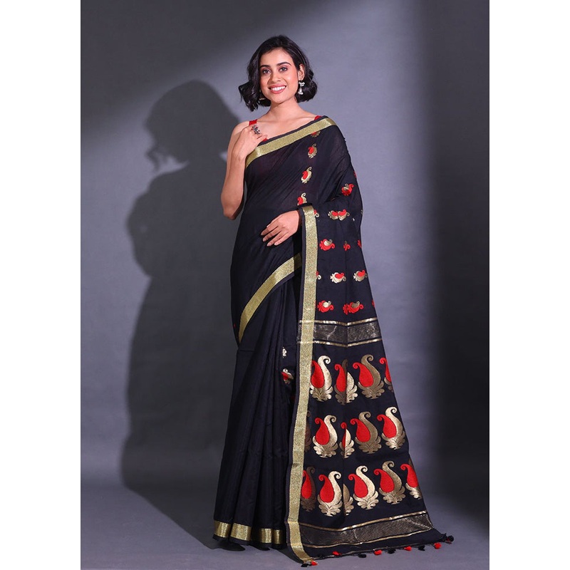 Black Pure Cotton Saree With Blouse Piece - JD986589207