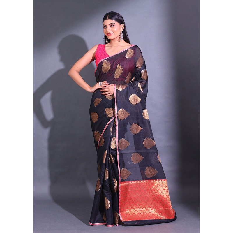 Black Pure Cotton Saree With Blouse Piece - JD986589208