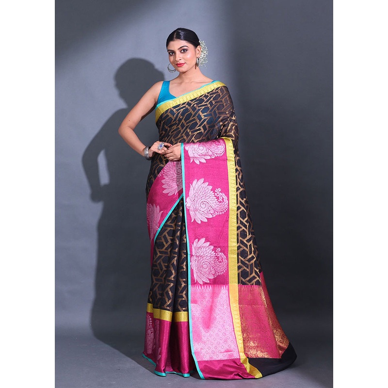 Black Pure Cotton Saree With Blouse Piece - JD986589209