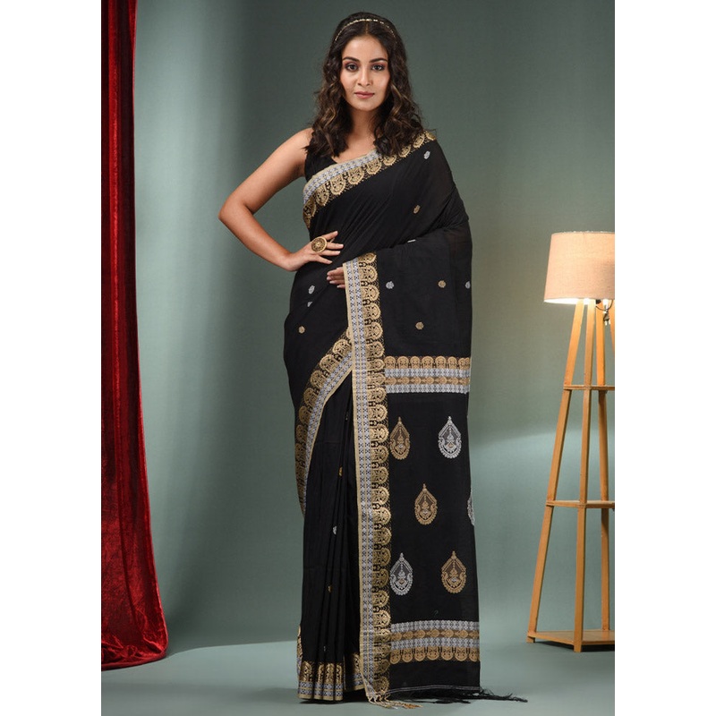 Black Pure Cotton Saree With Blouse Piece - JD986589210