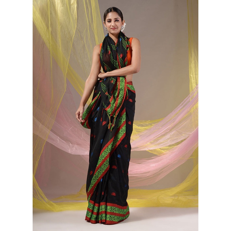 Black Pure Cotton Saree With Blouse Piece - JD986589211