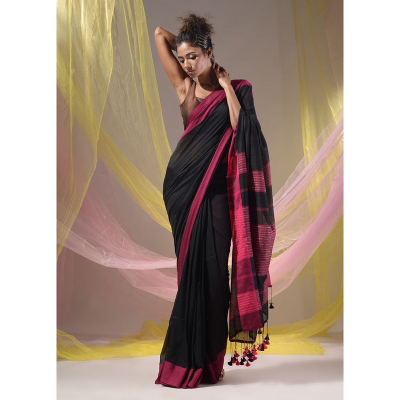 Black Pure Cotton Saree With Blouse Piece - JD986589212