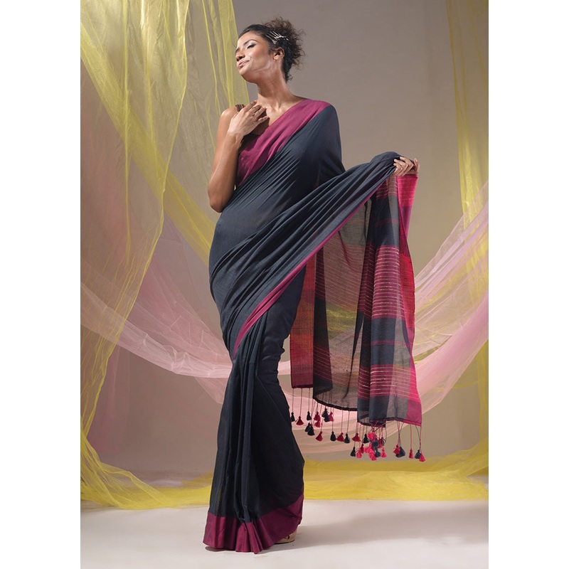 Black Pure Cotton Saree With Blouse Piece - JD986589213