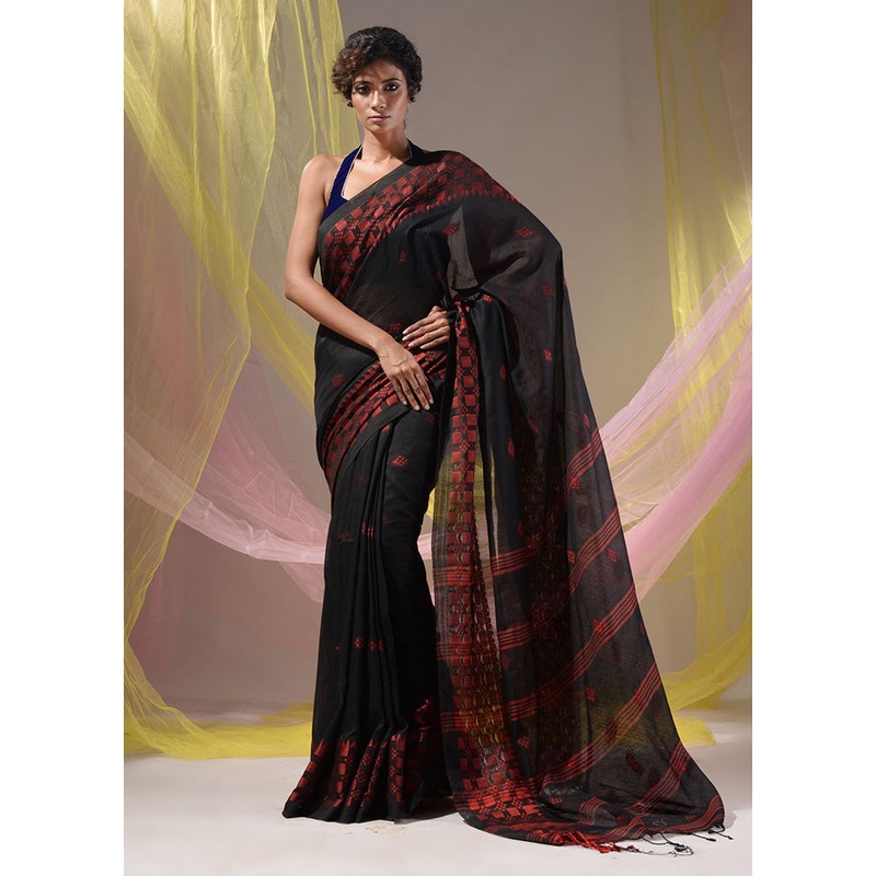 Black Pure Cotton Saree With Blouse Piece - JD986589214