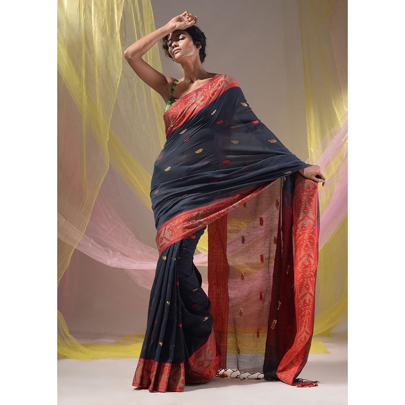 Black Pure Cotton Saree With Blouse Piece - JD986589215