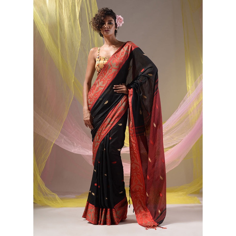 Black Pure Cotton Saree With Blouse Piece - JD986589216