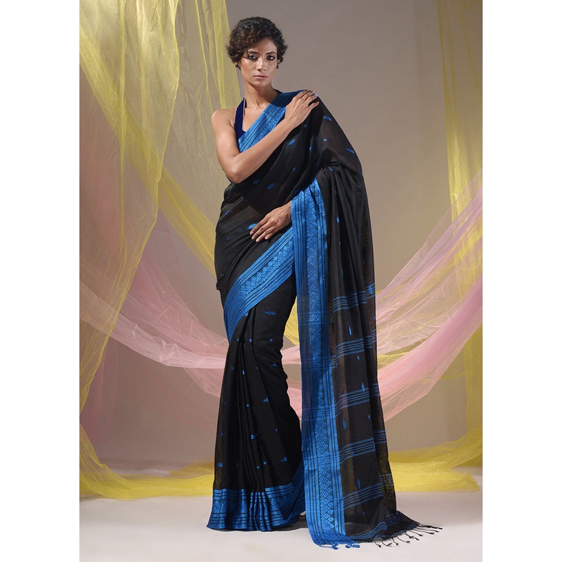 Black Pure Cotton Saree With Blouse Piece - JD986589217