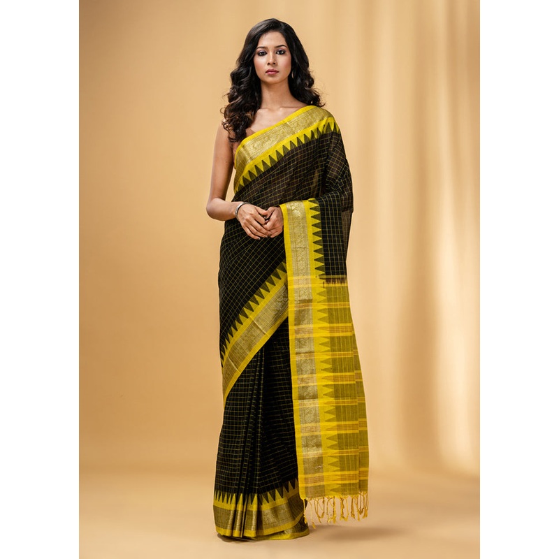 Black Pure Cotton Saree With Blouse Piece - JD986589218