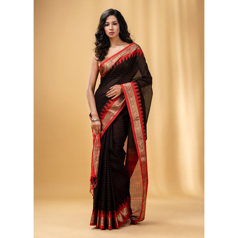 Black Pure Cotton Saree With Blouse Piece - JD986589219