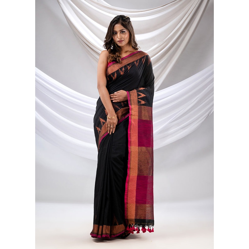 Black Pure Cotton Saree With Blouse Piece - JD986589220