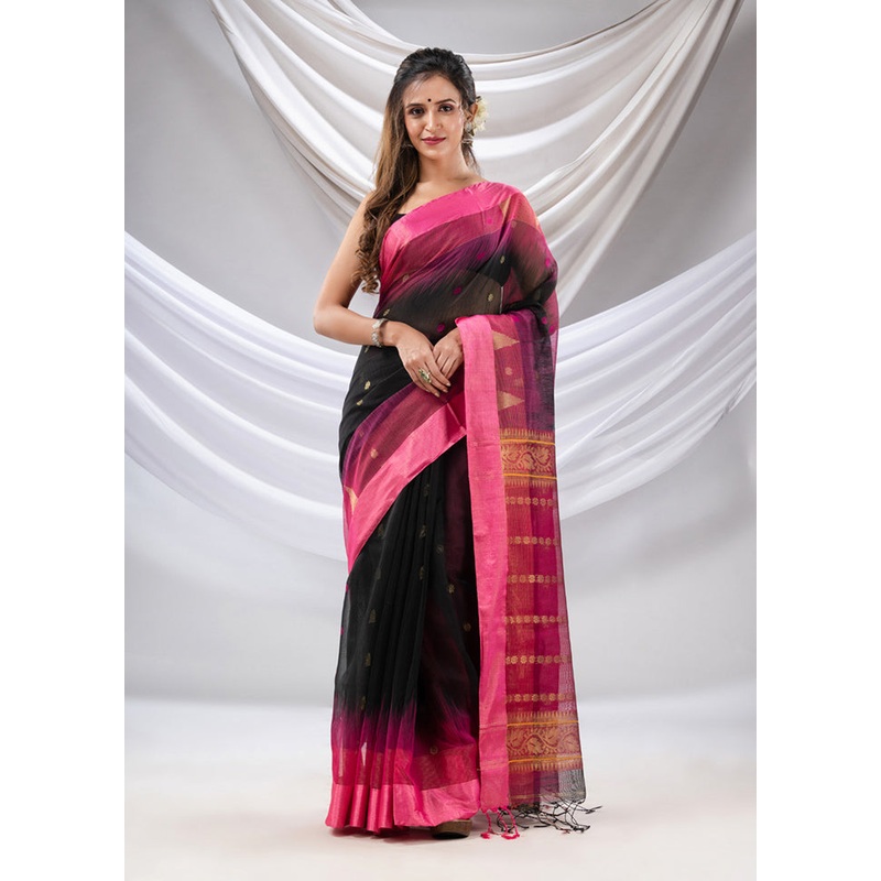 Black Pure Cotton Saree With Blouse Piece - JD986589221
