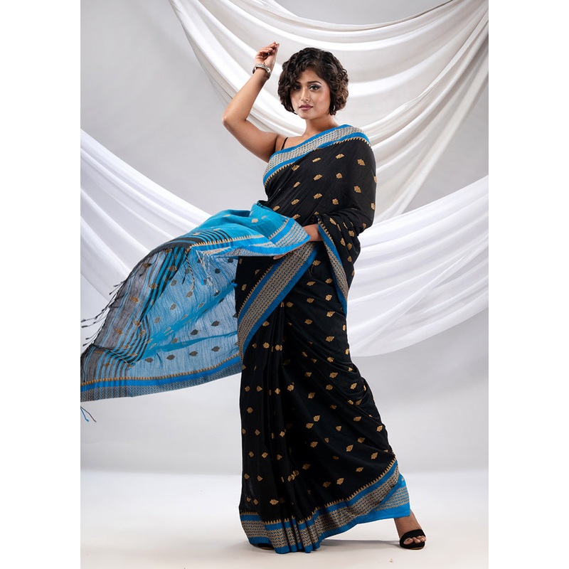 Black Pure Cotton Saree With Blouse Piece - JD986589222