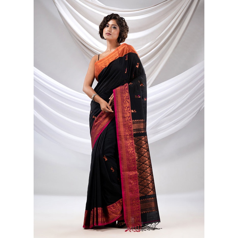 Black Pure Cotton Saree With Blouse Piece - JD986589223