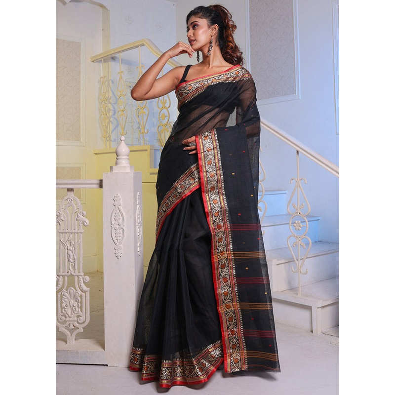 Black Pure Cotton Saree With Blouse Piece - JD986589225