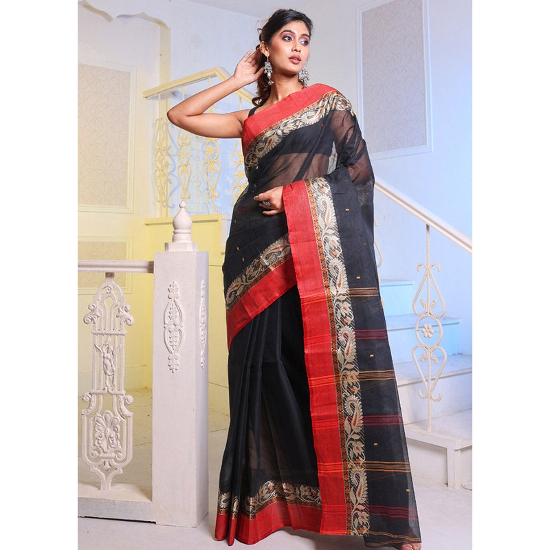 Black Pure Cotton Saree With Blouse Piece - JD986589226