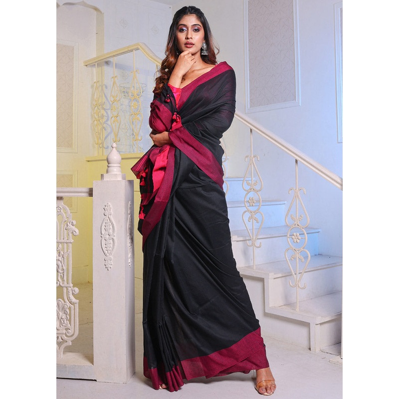 Black Pure Cotton Saree With Blouse Piece - JD986589227