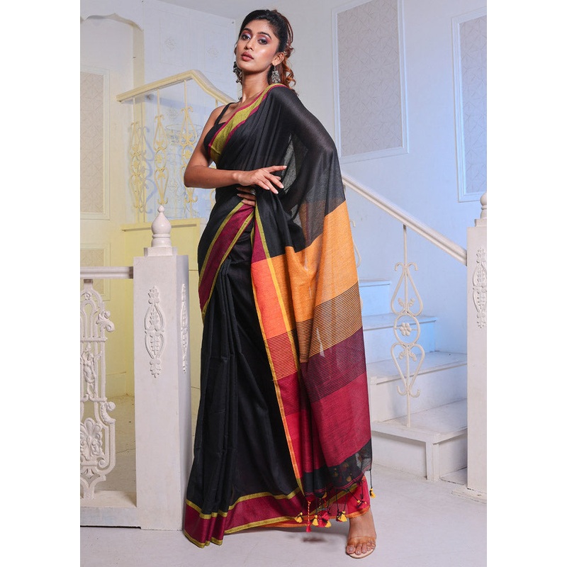 Black Pure Cotton Saree With Blouse Piece - JD986589228