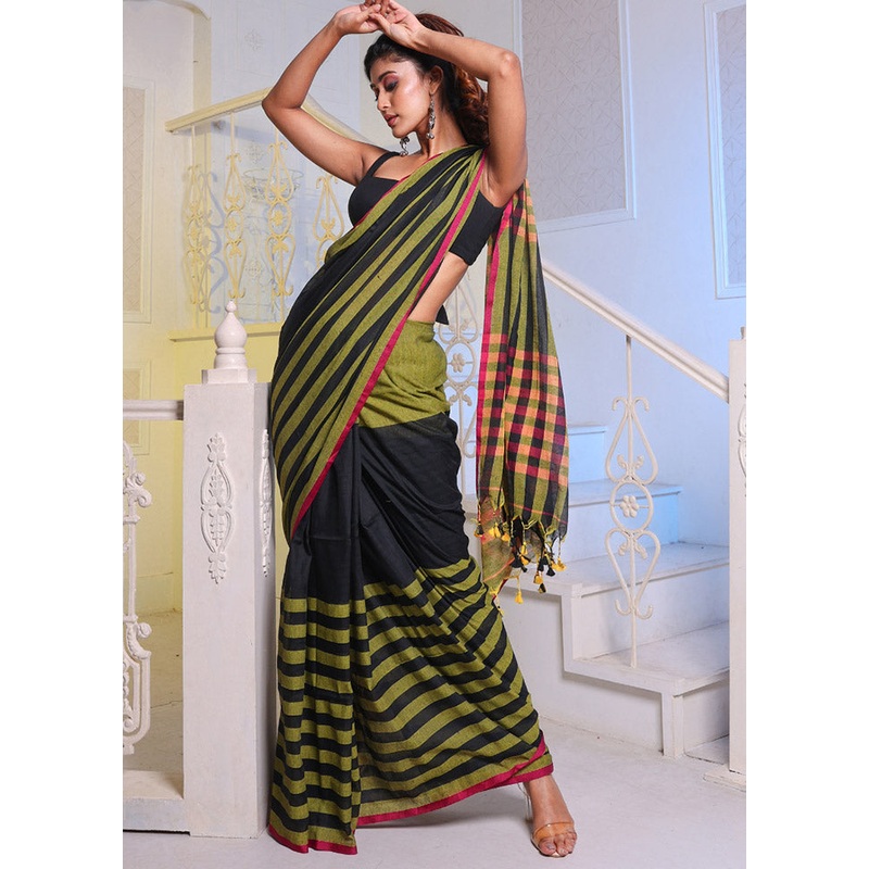 Black Pure Cotton Saree With Blouse Piece - JD986589229