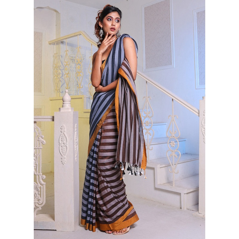Black Pure Cotton Saree With Blouse Piece - JD986589230
