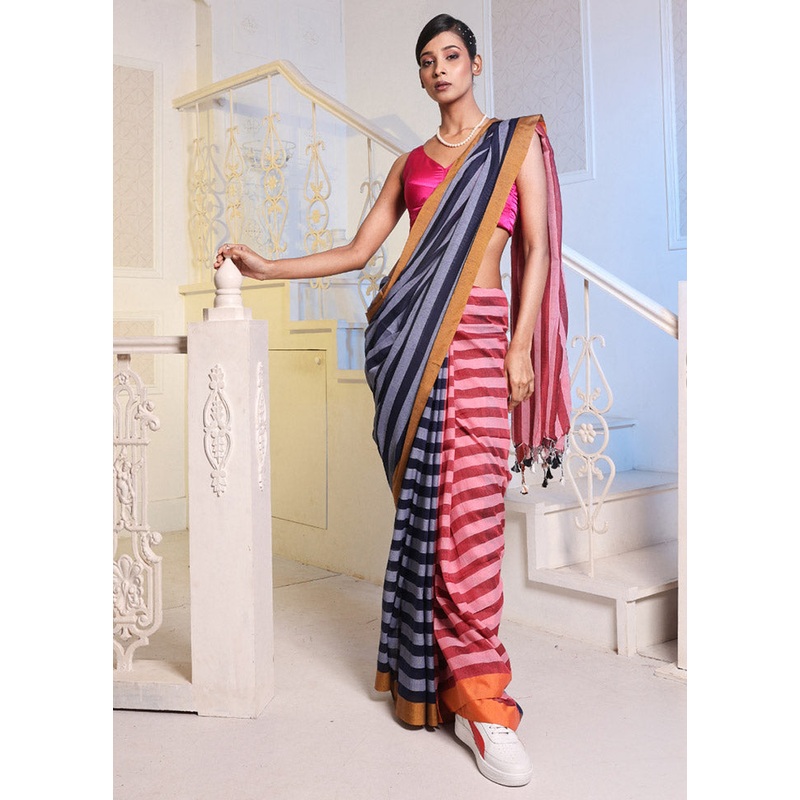 Black Pure Cotton Saree With Blouse Piece - JD986589231