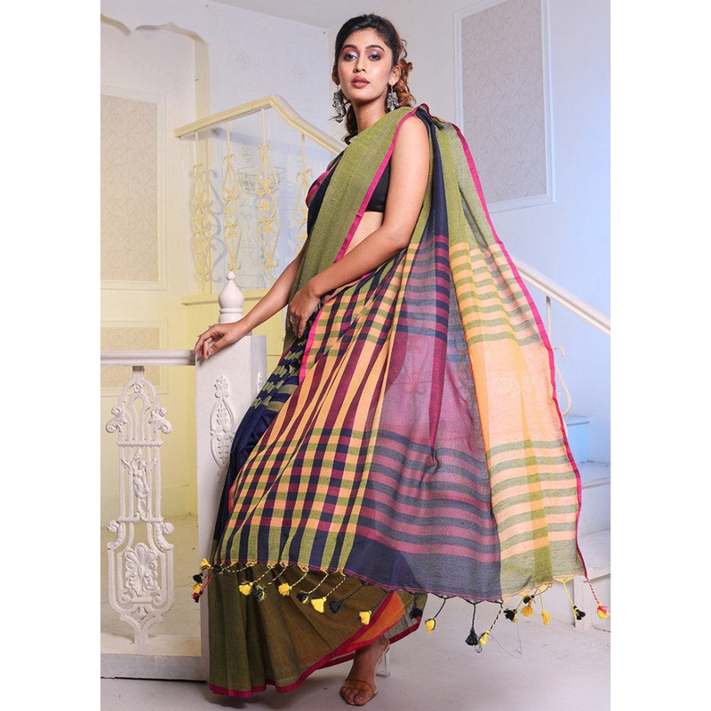 Black Pure Cotton Saree With Blouse Piece - JD986589232