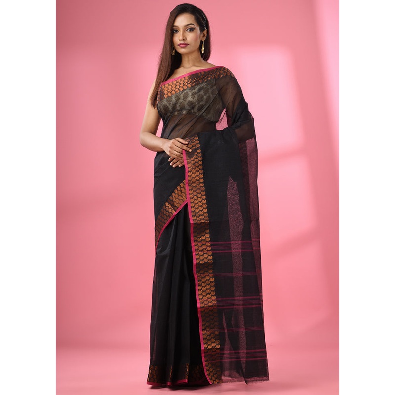 Black Pure Cotton Saree With Blouse Piece - JD986589233