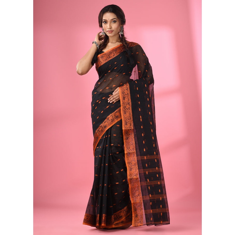 Black Pure Cotton Saree With Blouse Piece - JD986589234