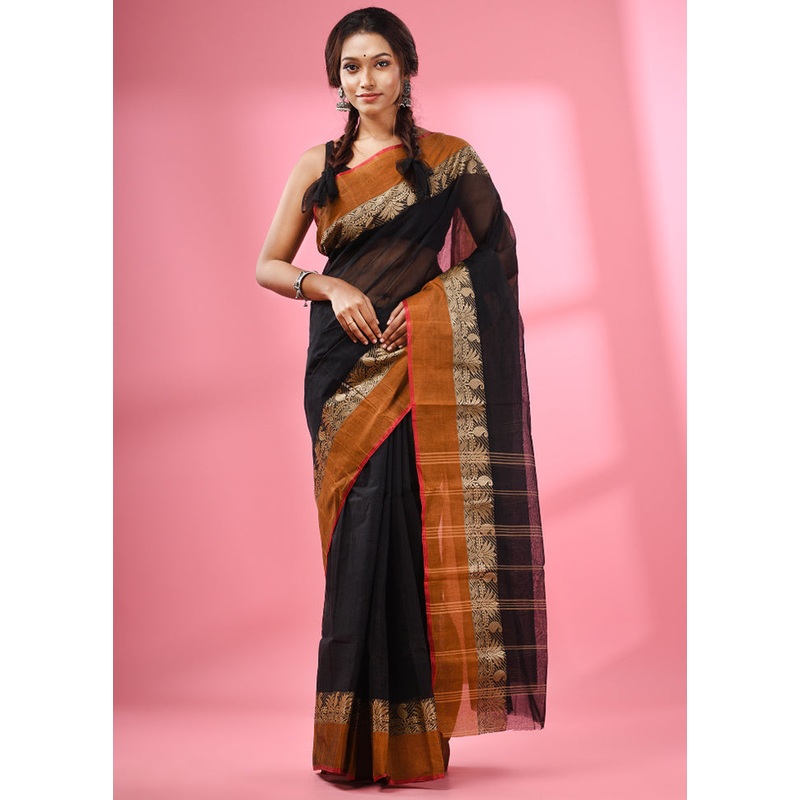 Black Pure Cotton Saree With Blouse Piece - JD986589235