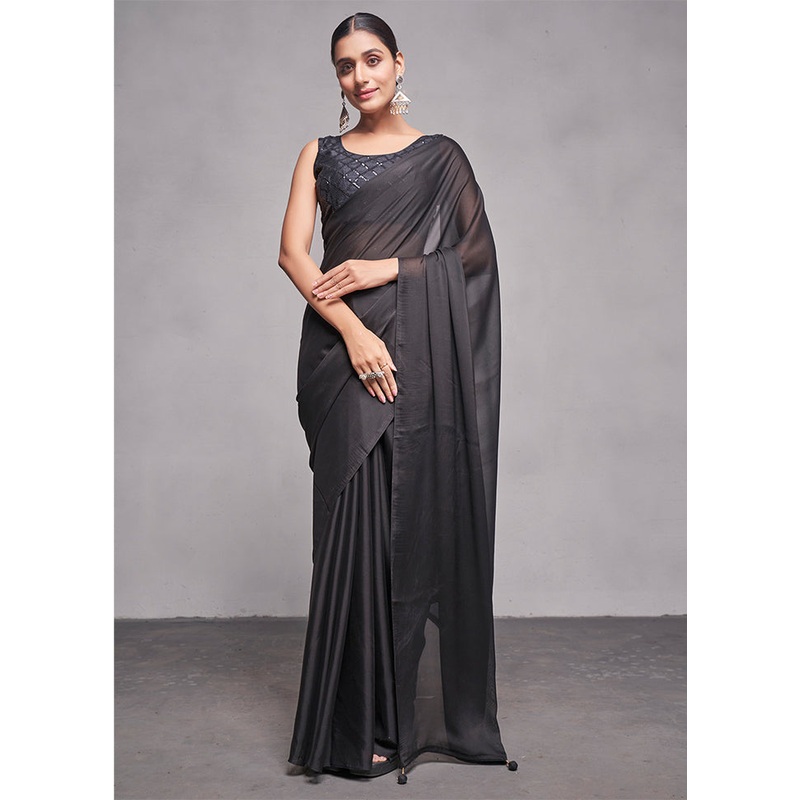 Black Silk Saree With Blouse Piece - JD986589236