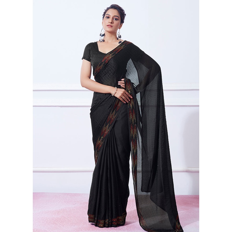 Black Silk Saree With Blouse Piece - JD986589237