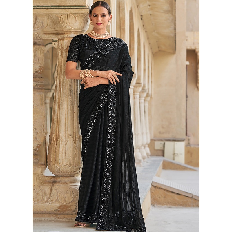 Black Silk Saree With Blouse Piece - JD986589241