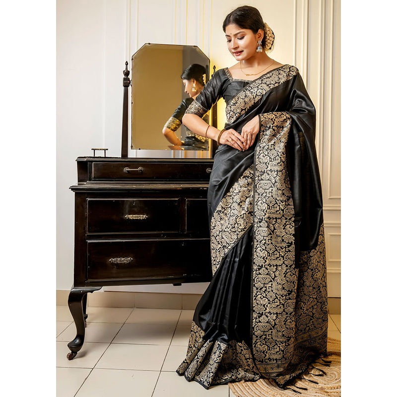 Black Spun Silk Saree With Blouse Piece - JD986589242