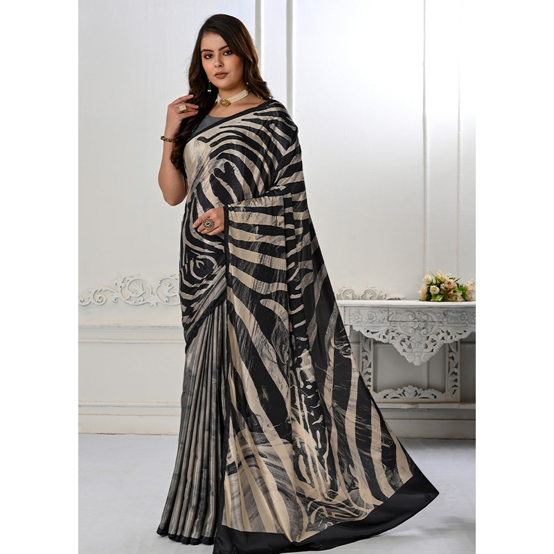 Black Spun Silk Saree With Blouse Piece - JD986589244