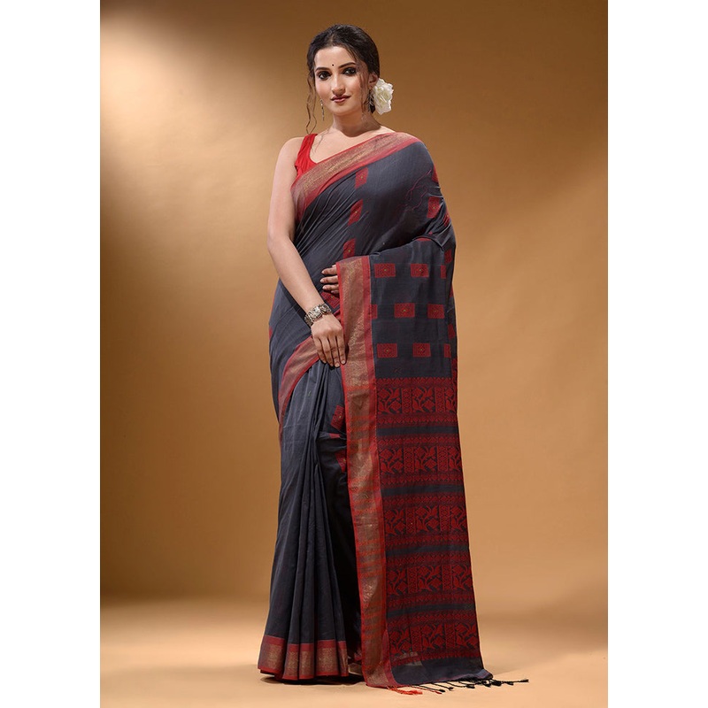 Black Spun Silk Saree With Blouse Piece - JD986589245