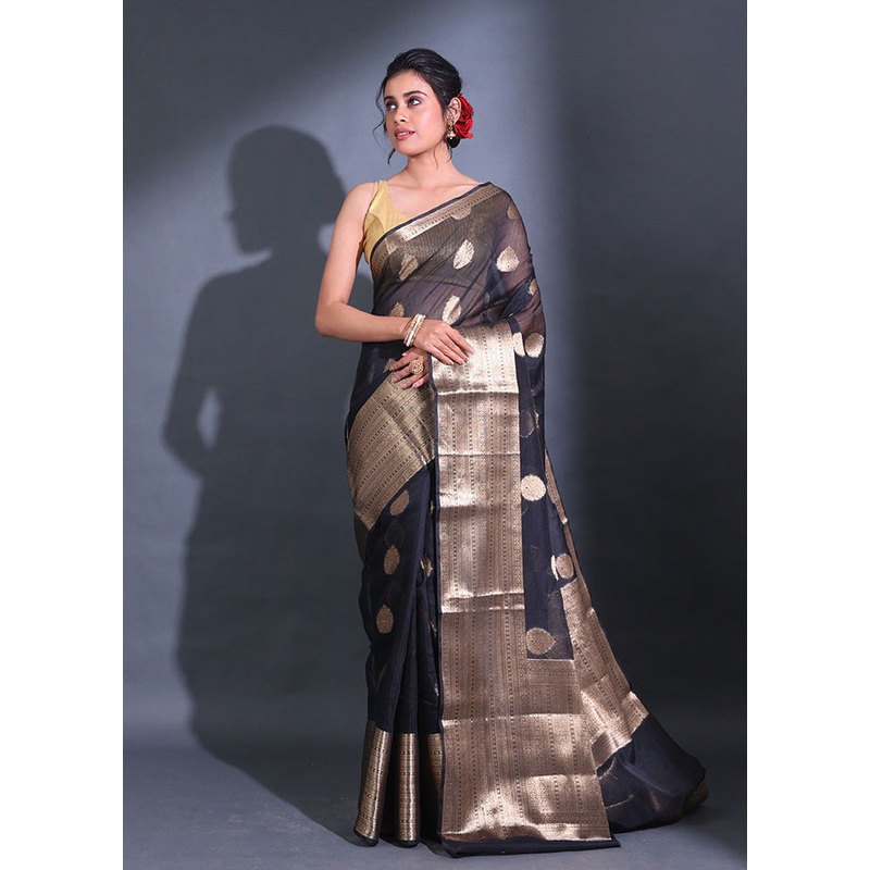 Black Spun Silk Saree With Blouse Piece - JD986589246