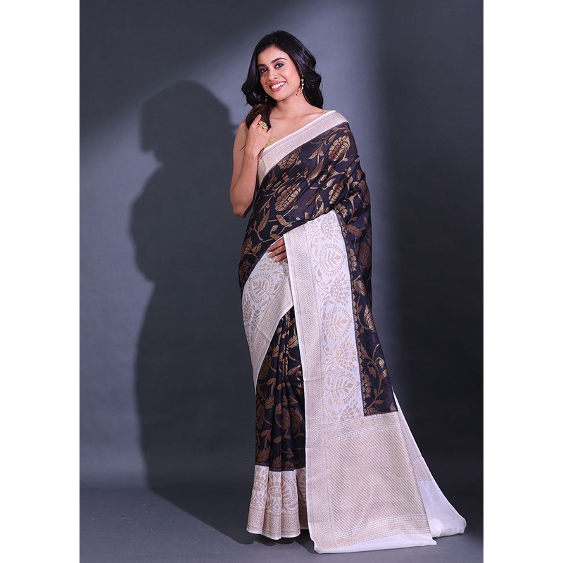 Black Spun Silk Saree With Blouse Piece - JD986589247