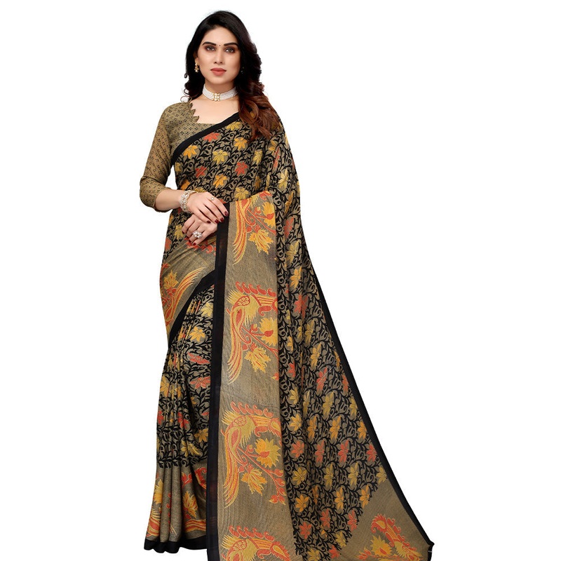 Black Spun Silk Saree With Blouse Piece - JD986589248
