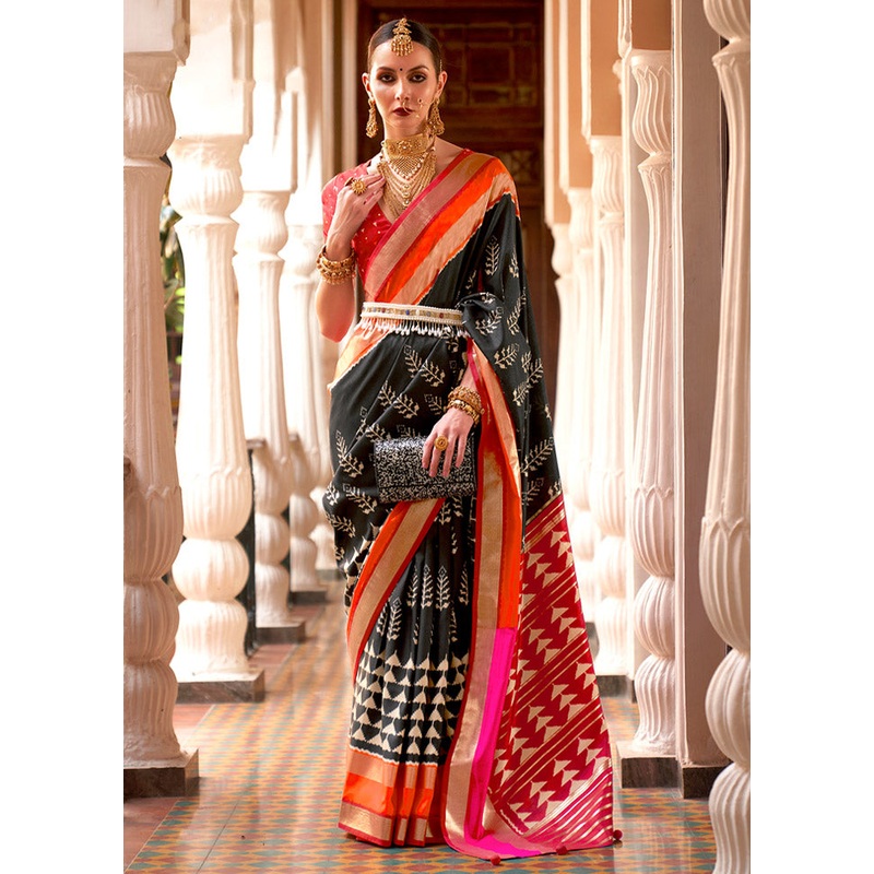 Black Spun Silk Saree With Blouse Piece - JD986589249