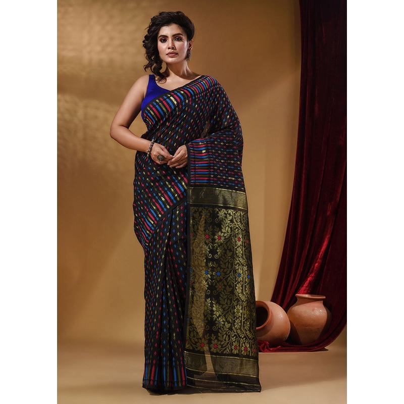 Black Tant Jamdani Saree With Blouse Piece - JD986589250
