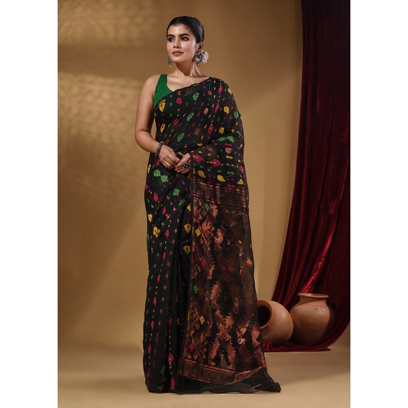 Black Tant Jamdani Saree With Blouse Piece - JD986589252