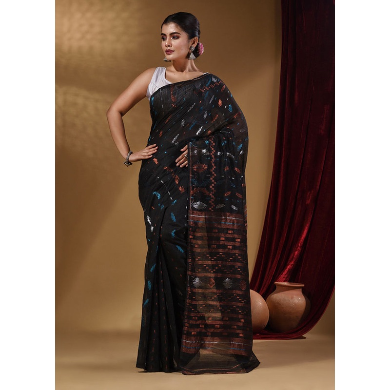 Black Tant Jamdani Saree With Blouse Piece - JD986589253