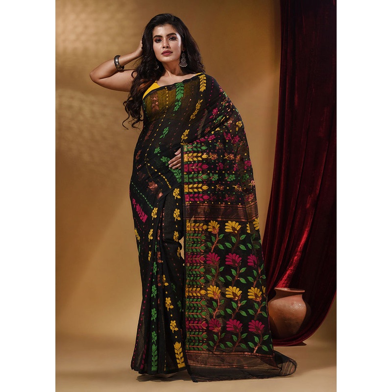 Black Tant Jamdani Saree With Blouse Piece - JD986589254