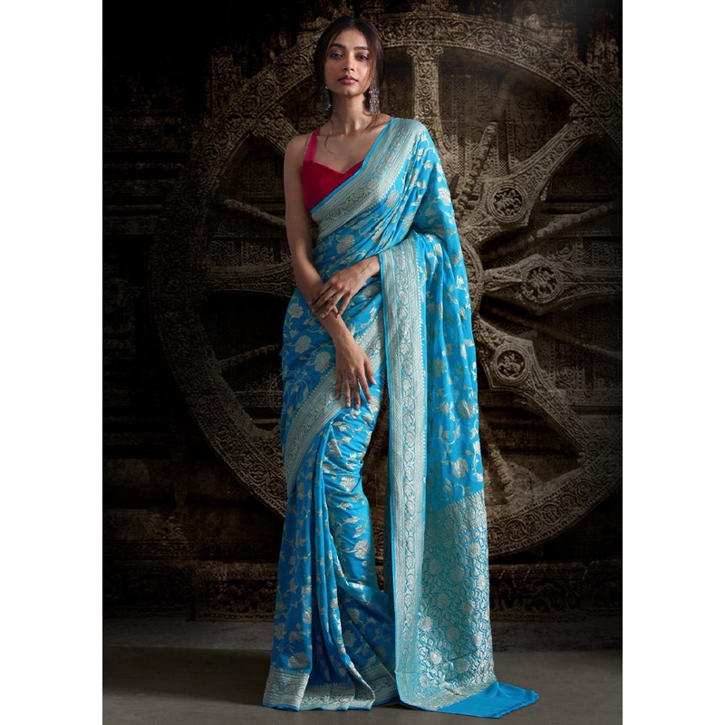 Blue Chiffon Pure Silk Saree With Blouse Piece - JD986589256