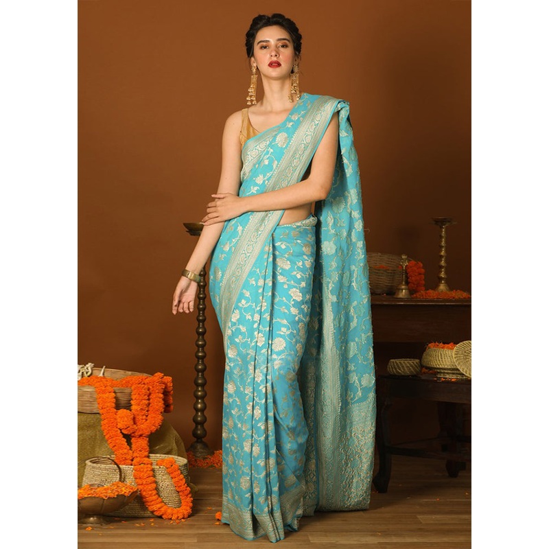 Blue Chiffon Pure Silk Saree With Blouse Piece - JD986589257