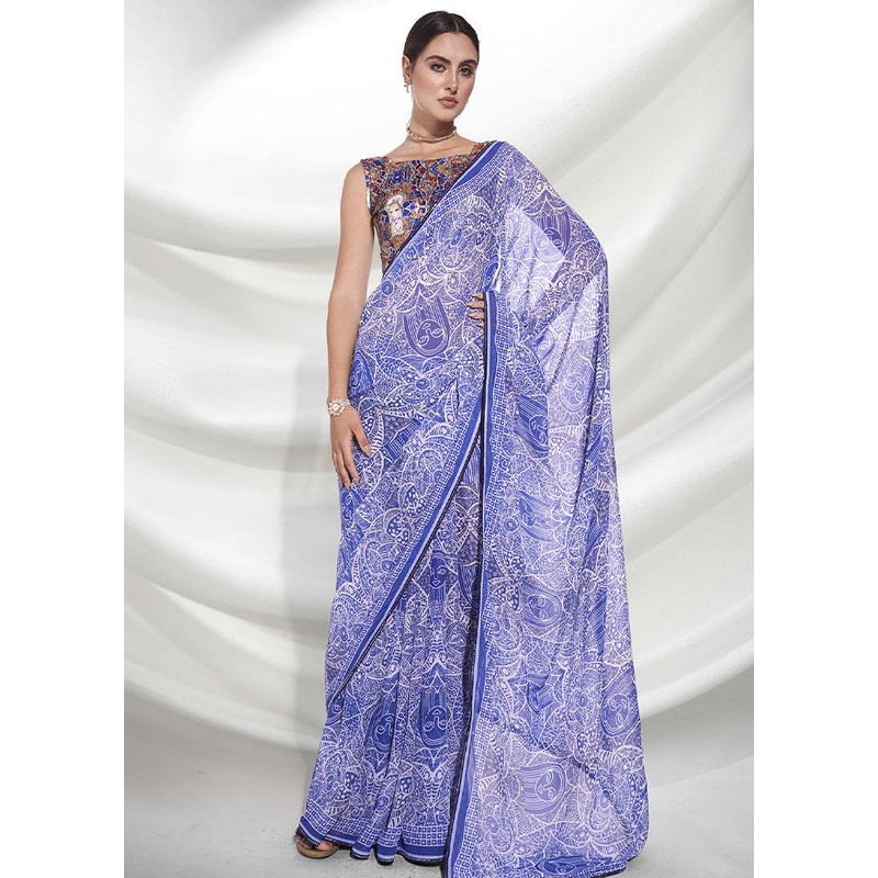Blue Chiffon Silk Saree With Blouse Piece - JD986589258