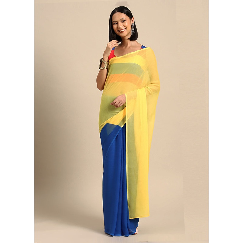 Blue Chiffon Silk Saree With Semi Stitched Blouse Piece - JD986589262
