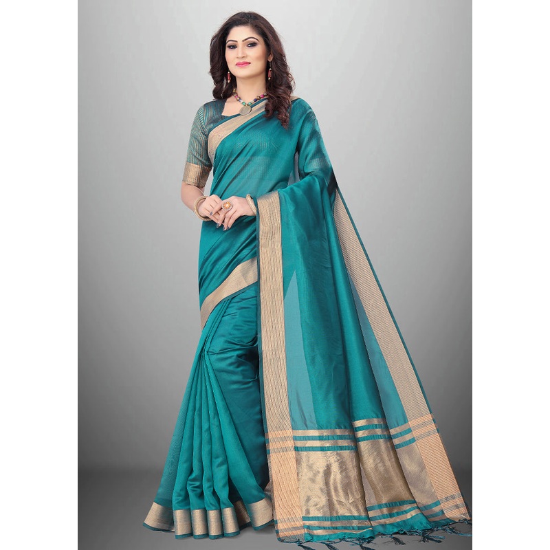 Blue Cotton Saree With Blouse Piece - JD986589263